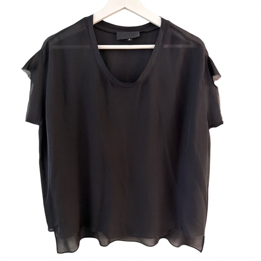 Nili Lotan Womens Black 100% Silk Sheer Layered Short Sleeve Blouse Size M USA
